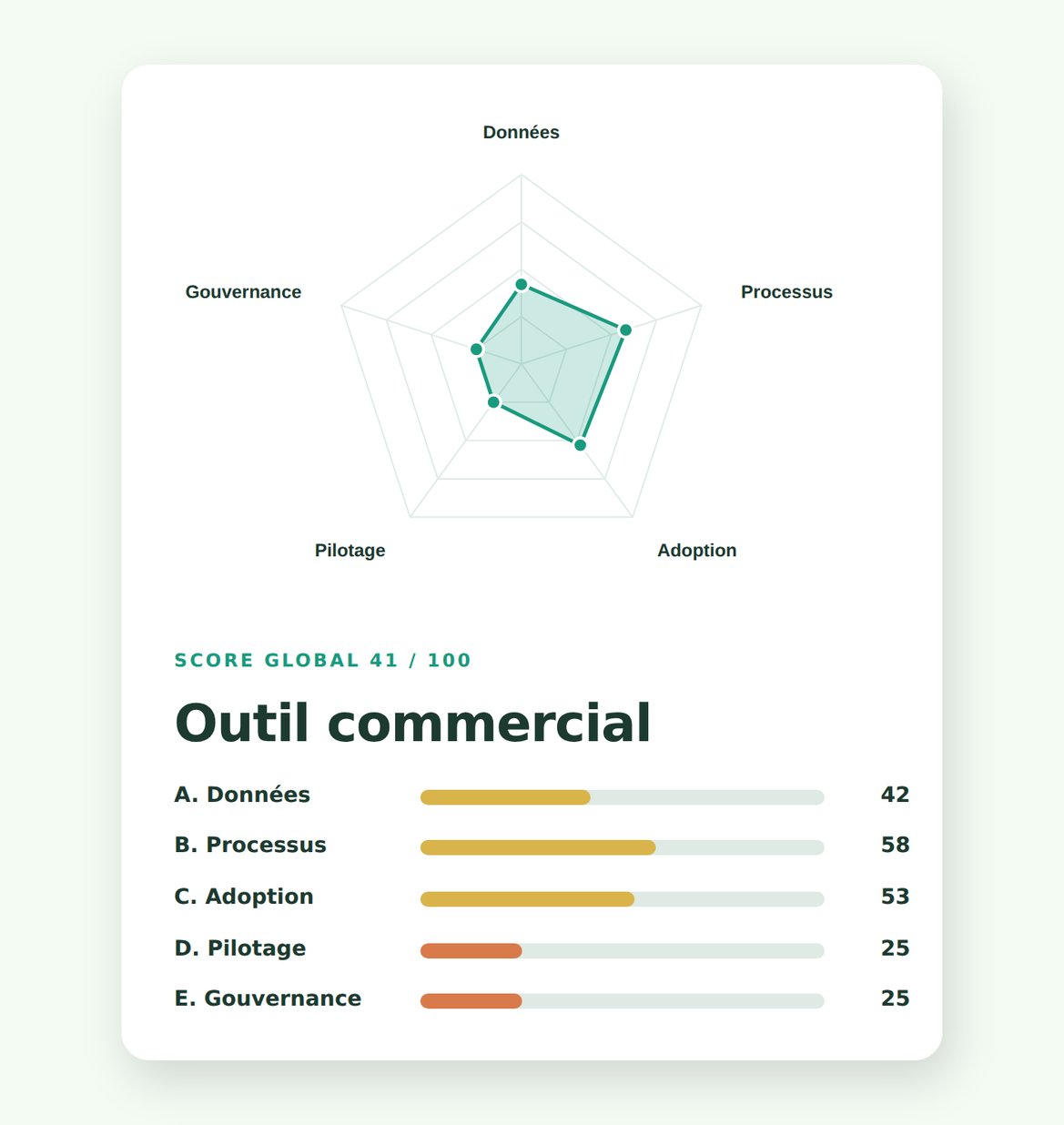 Exemple de résultat du diagnostic de maturité CRM : radar sur cinq axes et scores par axe