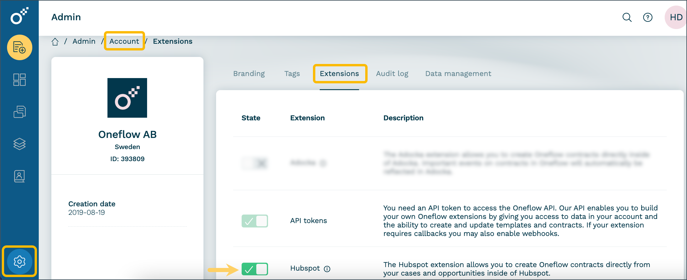 etape 1 integration hubspot oneflow