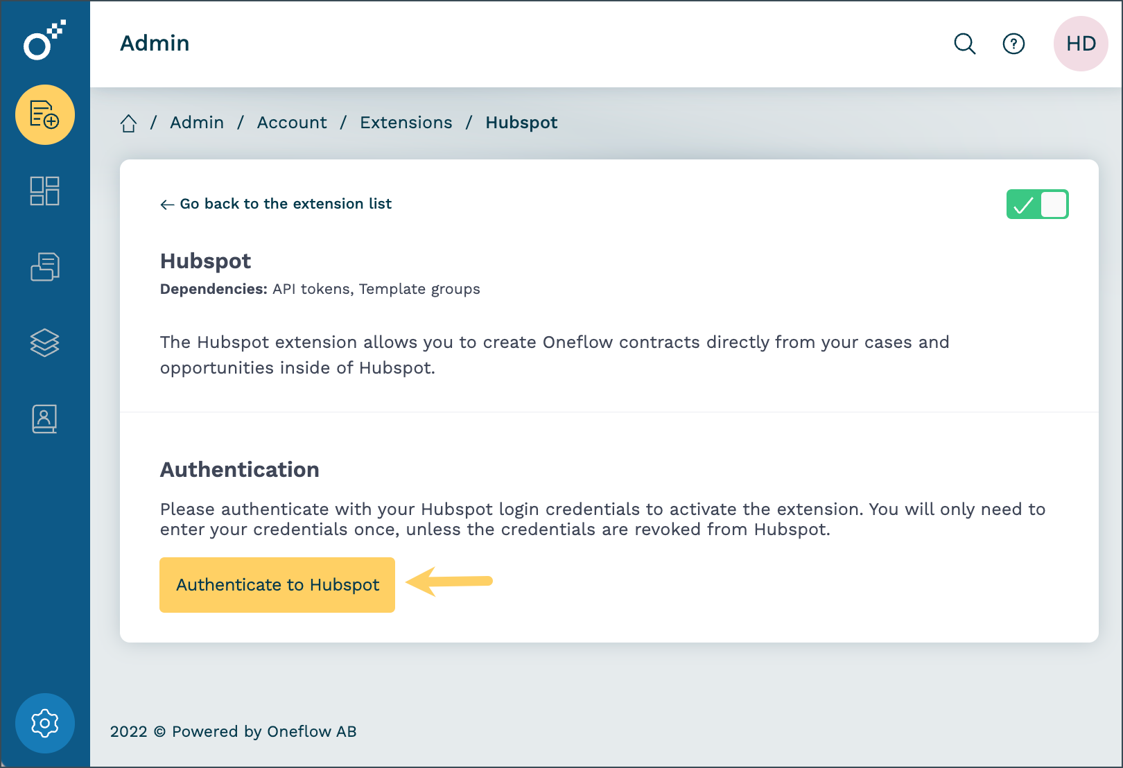étape 2 intégration hubspot oneflow