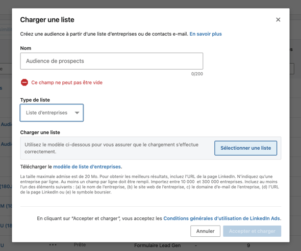 charger liste linkedin ads stratégie abm
