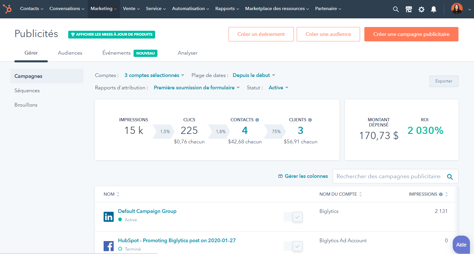 analyse campagnes publicitaires HubSpot