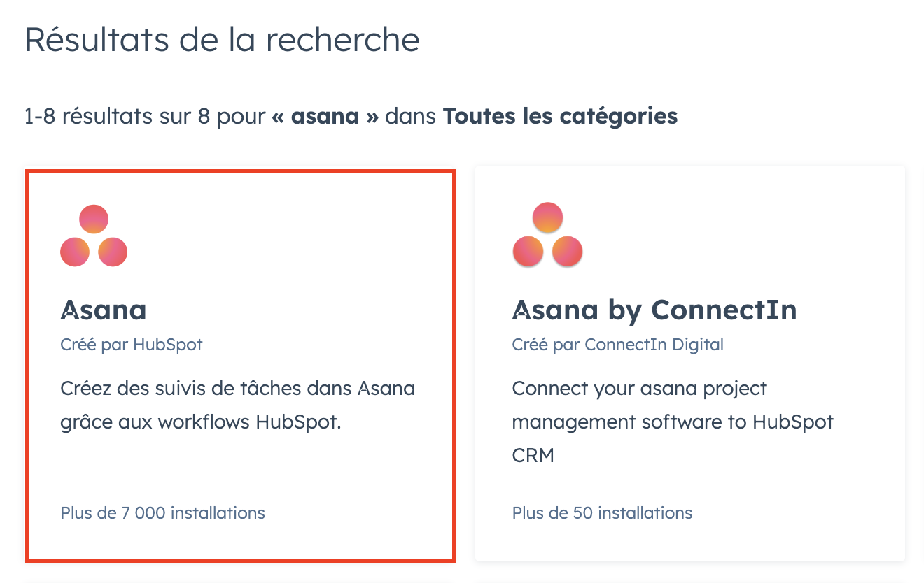 intégration asana hubspot résultat recherche
