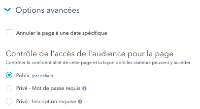 paramètres landing page