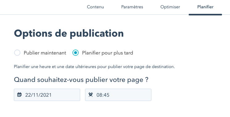 planifier publication landing page