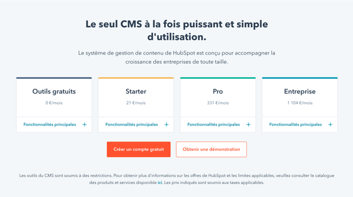 Tarifs HubSpot CMS