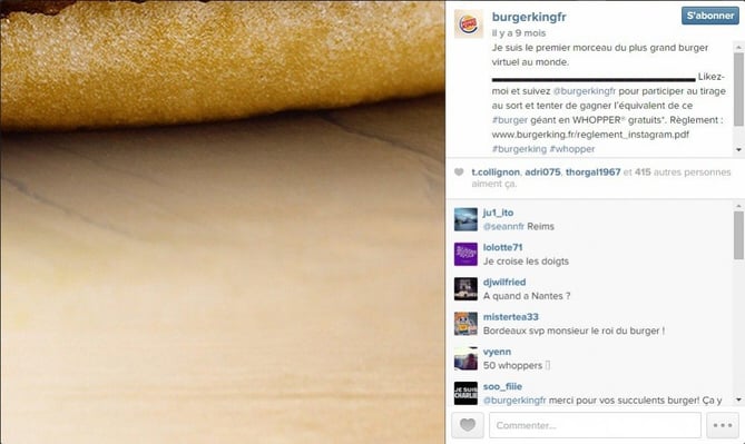 Concours Burger King sur Instagram