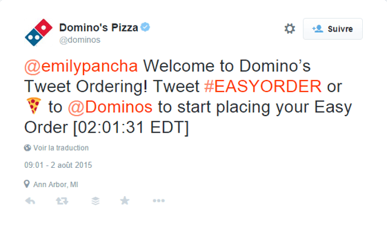 Domino's souhaite la bienvenue aux personnes qui souscrivent au "tweet to order"