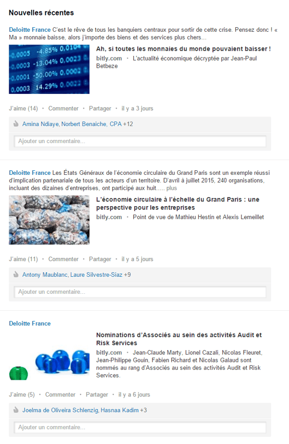 Content Marketing : Deloitte diffuse ses articles de blog sur sa page Linkedin