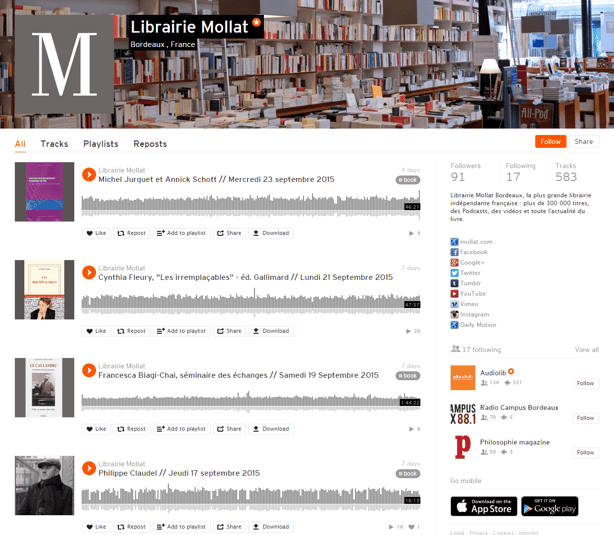 Inbound Marketing : pour diffuser ses contenus audio, la librairie Mollat utilise Soundcloud
