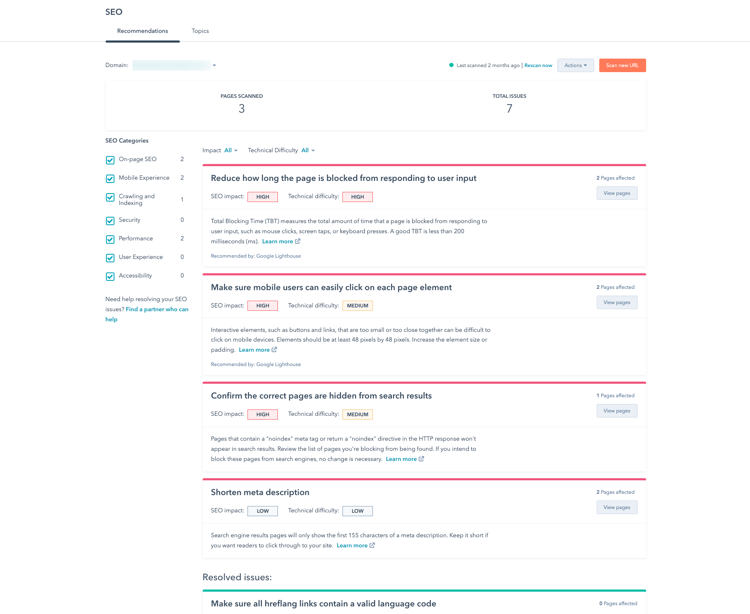 outil recommendations SEO HubSpot