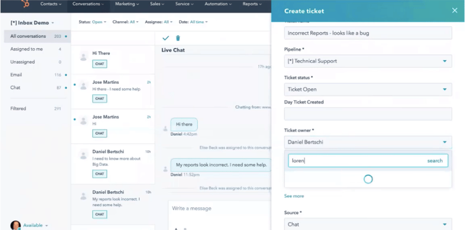 Historique conversations service hub