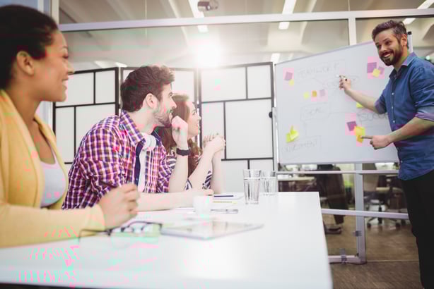 Happy young male executive explaining colleagues at creative office