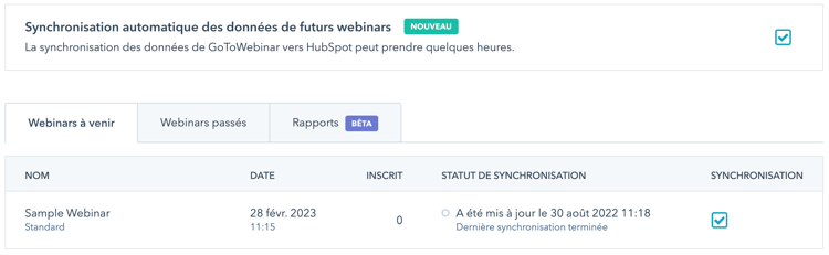 Synchronisation gotowebinar hubspot