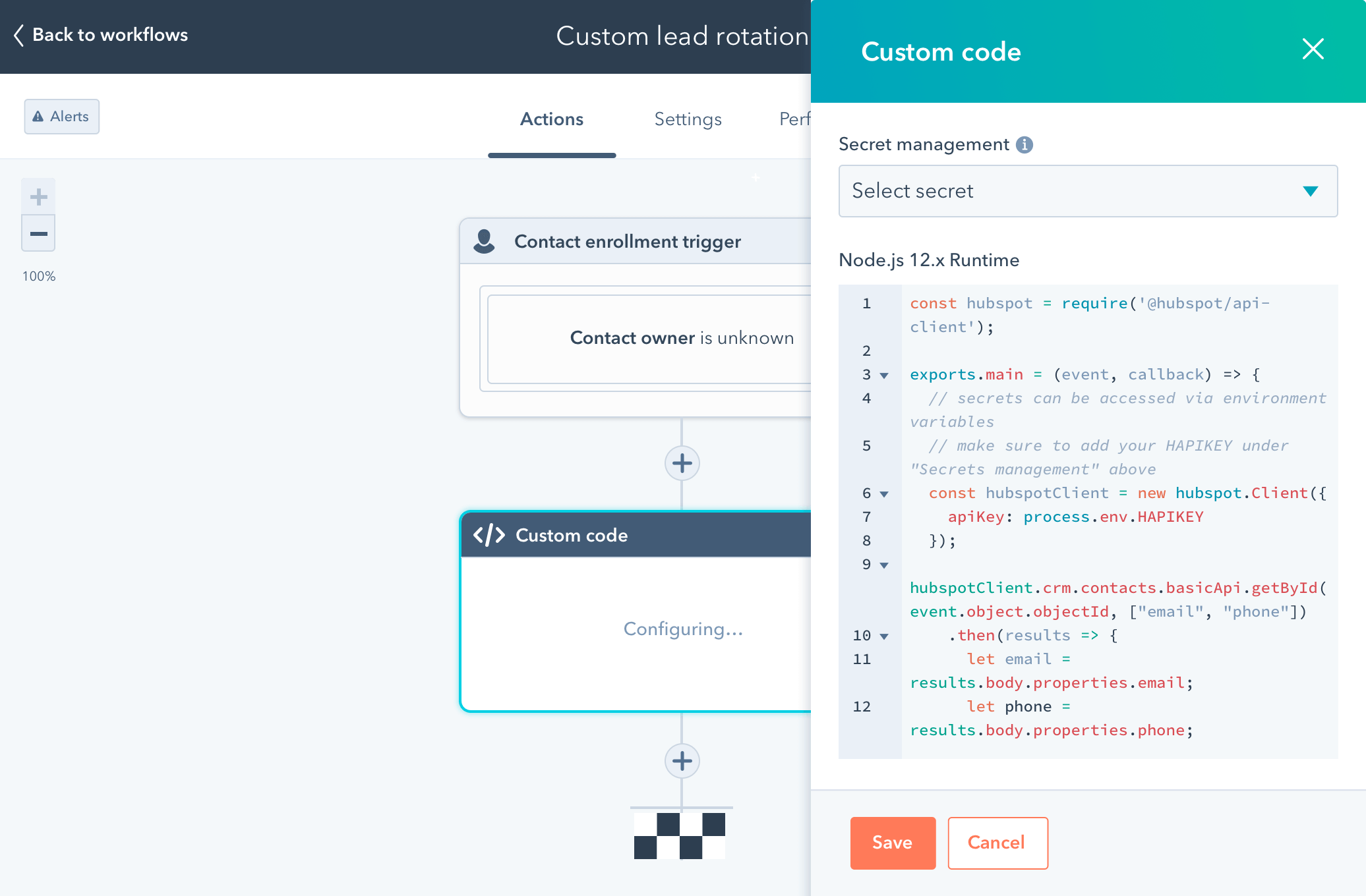custom code dans operations hub