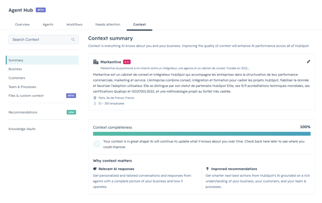 Onglet Context d'Agent Hub HubSpot affichant le résumé de contexte de l'entreprise et un taux de complétude à 100 %