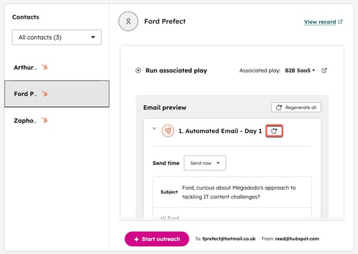 File de revue du Prospecting Agent : play associé, aperçu de l'email généré et bouton de régénération avant envoi