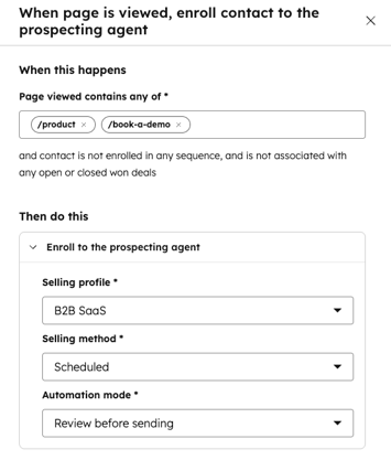 Inscription automatique dans le Prospecting Agent HubSpot sur consultation d'une page : play, méthode et mode de revue