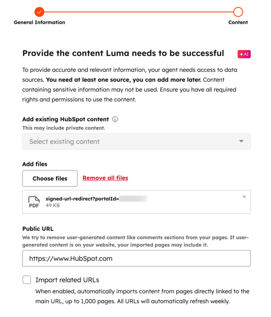 Sources de contenu du Customer Agent Breeze : base de connaissances, pages web, documents