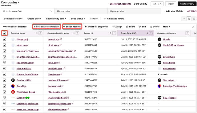 Enrichissement en masse des fiches entreprises avec Breeze Intelligence dans HubSpot