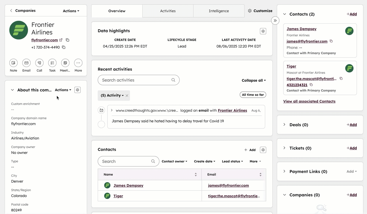 Enrichissement d'une fiche entreprise avec Breeze Intelligence dans HubSpot (source : HubSpot Knowledge Base)