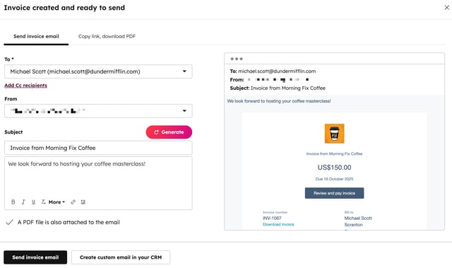 Facture générée dans HubSpot, avec aperçu et envoi par e-mail, et option de paiement en ligne