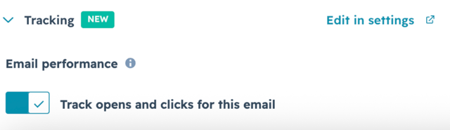 Editeur d'email marketing HubSpot : section Tracking (beta), option Track opens and clicks for this email