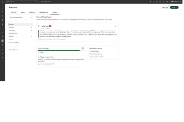 Le Centre de contexte HubSpot sur le portail Markentive, avec la fiche d'entreprise et un taux de couverture de 90 %