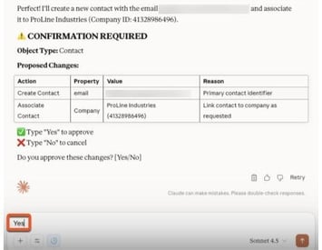 Le connecteur Claude demande une confirmation avant de créer un contact dans HubSpot
