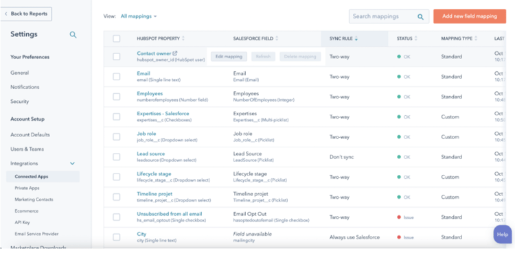 mapping des champs hubspot salesforce