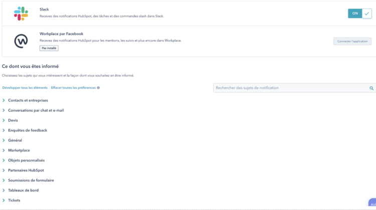 notifications taches HubSpot